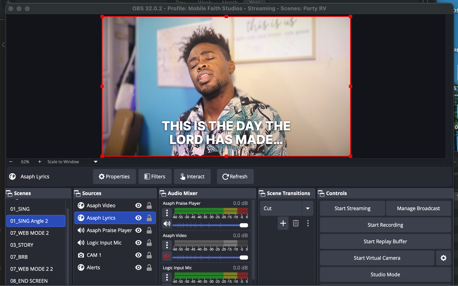 Actual OBS interface using Asaph lyrics as a livestream source