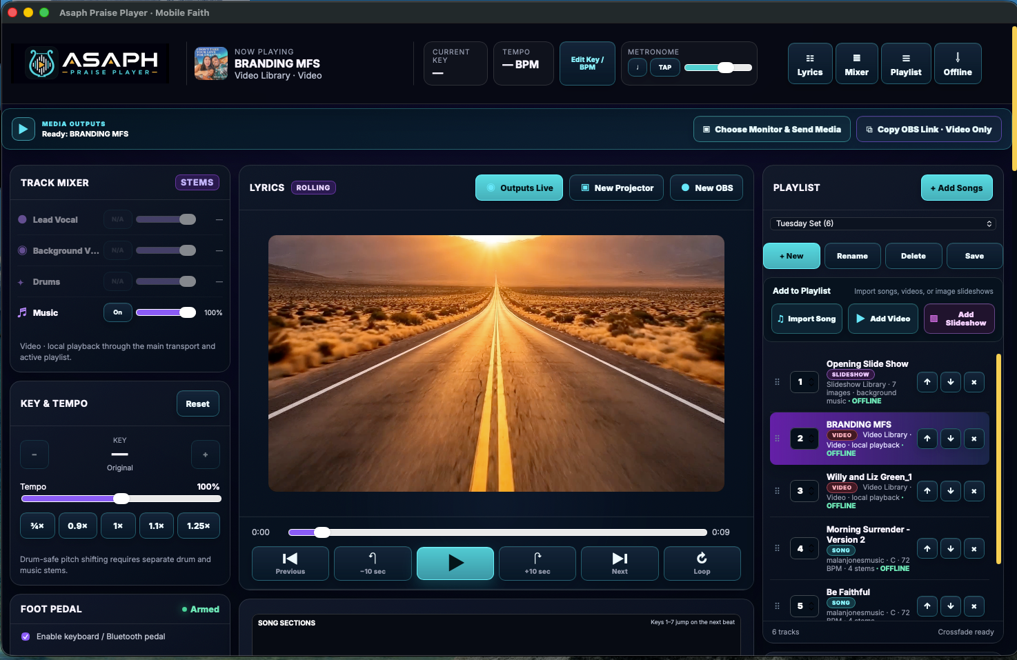 Actual Asaph player running a local video and live media output