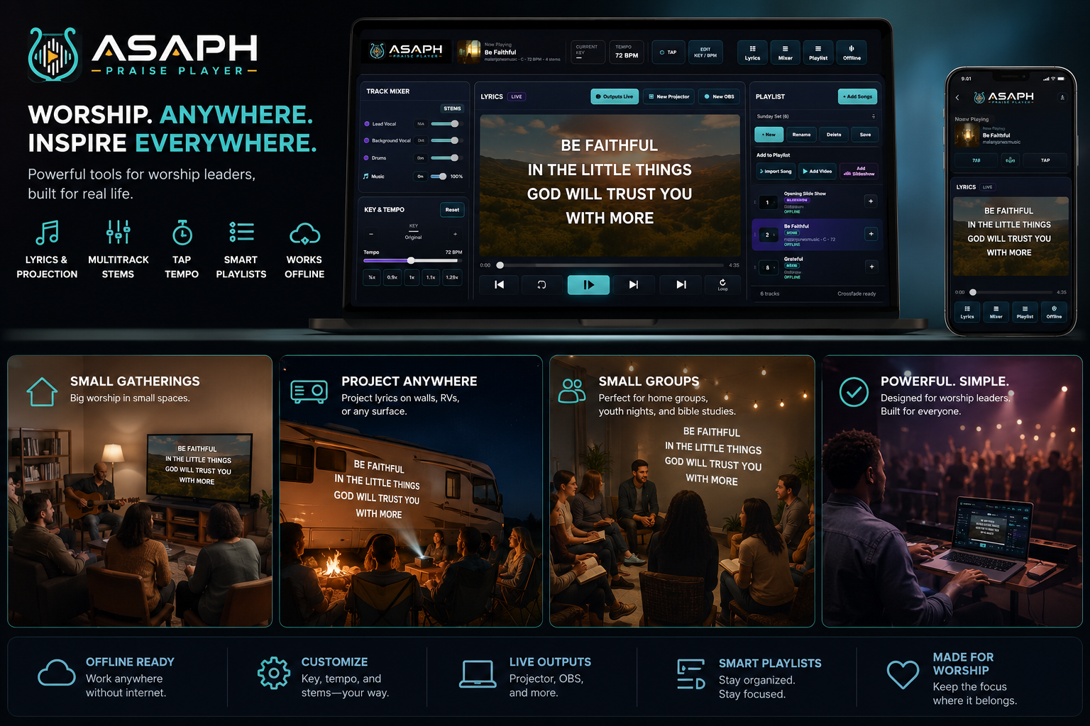 Asaph Praise Player shown on laptop and phone with small gathering, campfire and projection use cases
